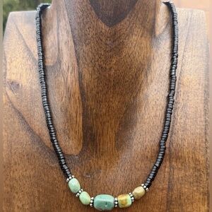 Sterling Silver Black Onyx Green Turquoise Nuggets Bead Necklace 18 inch Gift